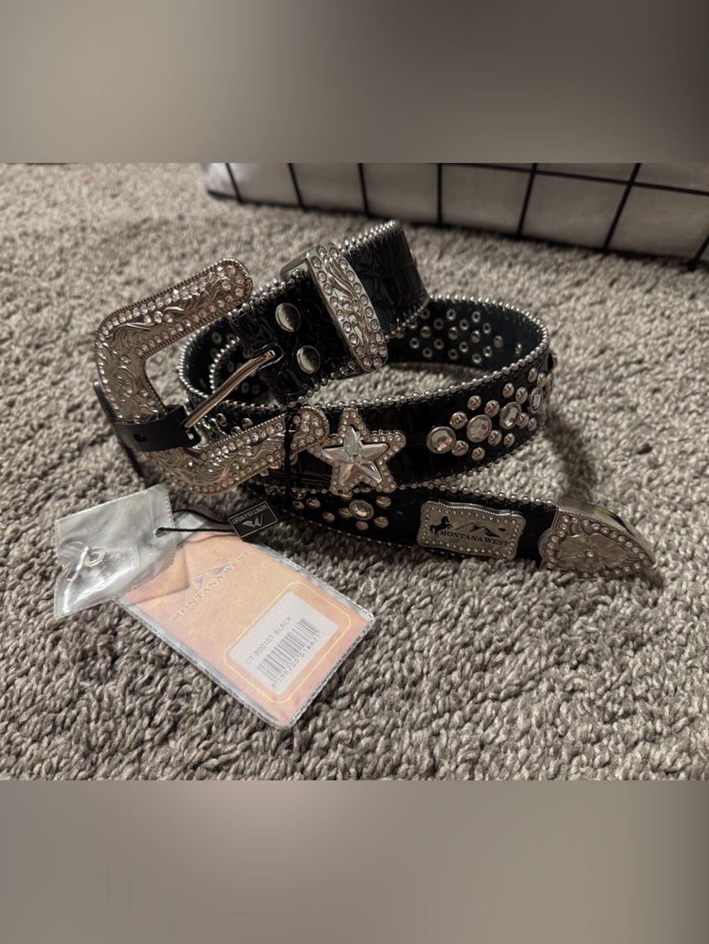 Montana West Black Studded Western Star Belt with Rhinestone Buckle size 32